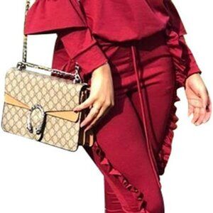 Stylish Puff Sleeve Top & Flounced Pants Set for Women - XX-Large Wine Red